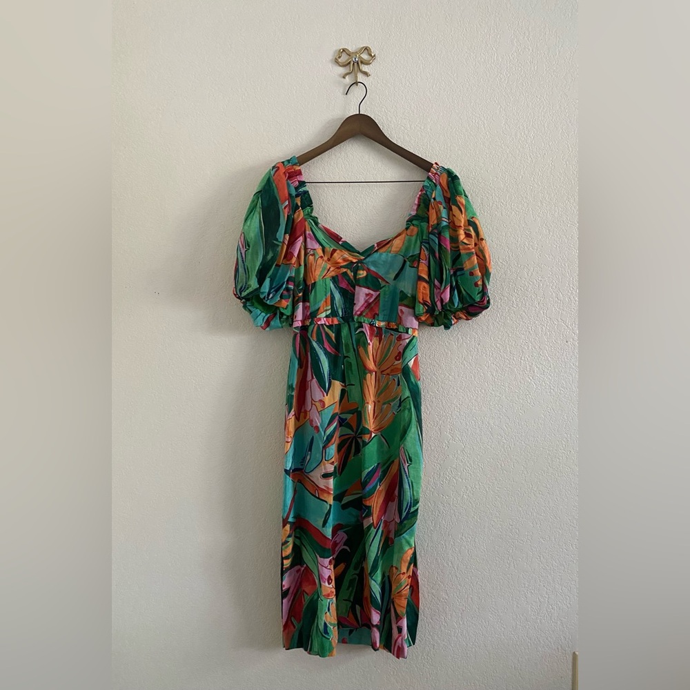 Farm Rio Multicolor Banana Foliage Puff-Sleeve Midi Dress Size Small Boho